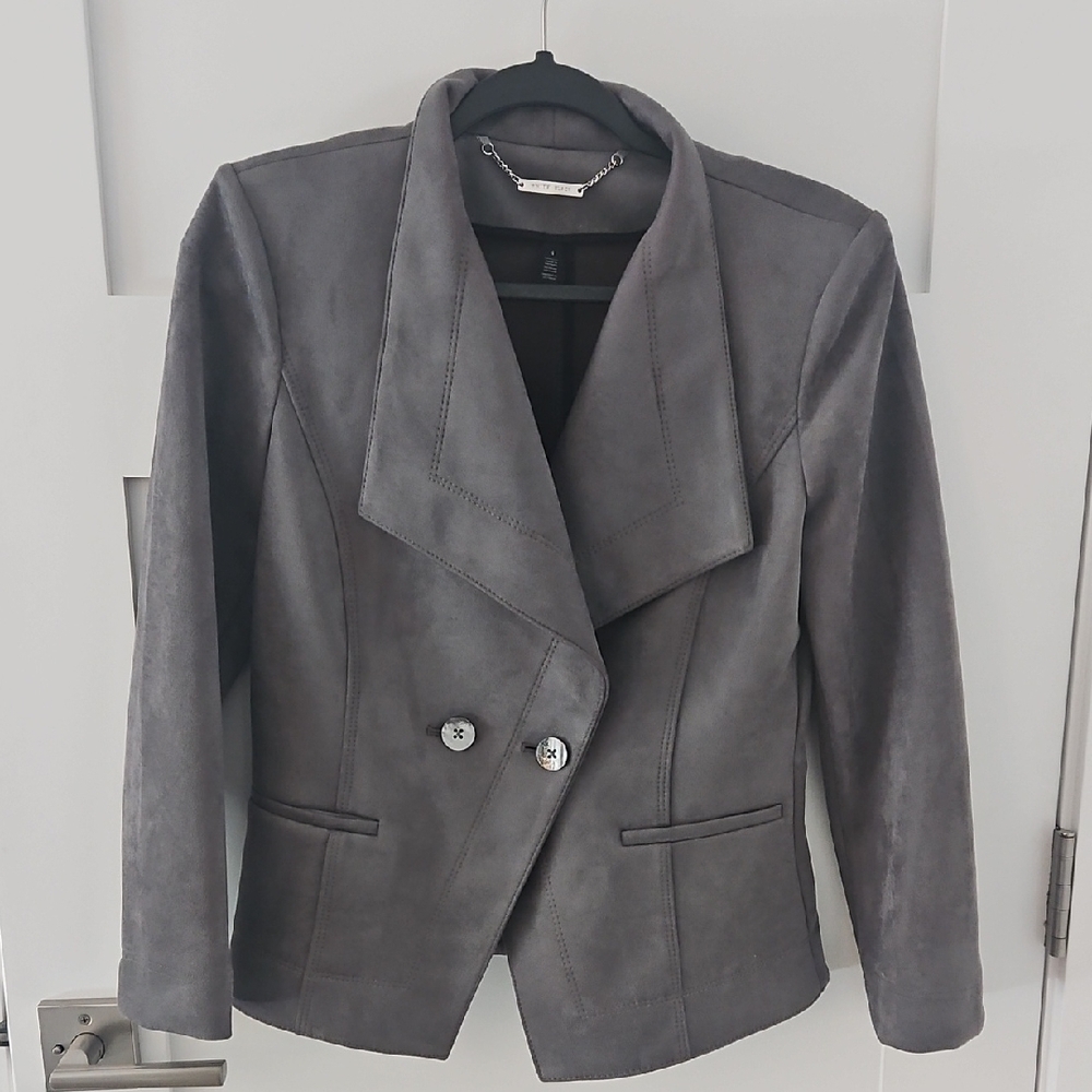 White House Black Market Gray Suede-Look Double-Breasted Blazer